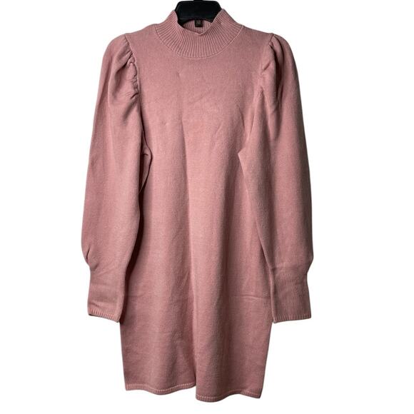 Wayf Lola Puff Sleeves Mock Neck Knit‎ Sweater Dress Size Small Blush Pink New - Picture 2 of 11
